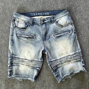 Kilogram Shorts Men 38 Blue Denim Skinny Paint Splatter Distressed Cut Off Acid